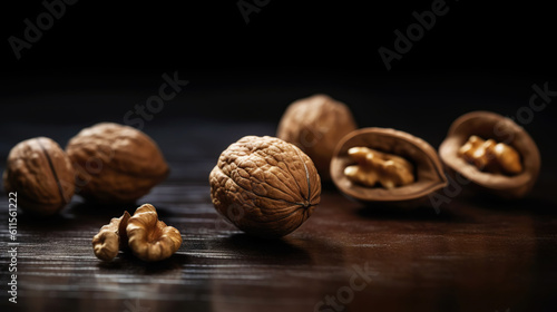 Walnuts with and without shells filling the view on dark background. Top view of fresh walnuts. Generative AI