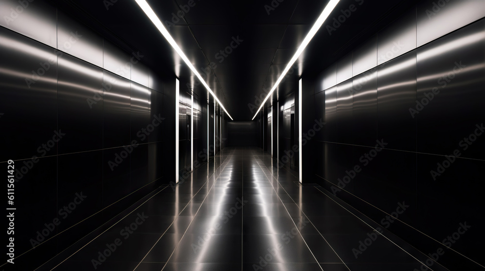 Black abstract futuristic tunnel with neon lines. Generative AI