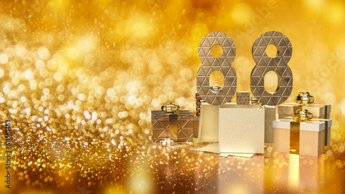 The 8.8 gold number and gift box for promotion concept 3d rendering