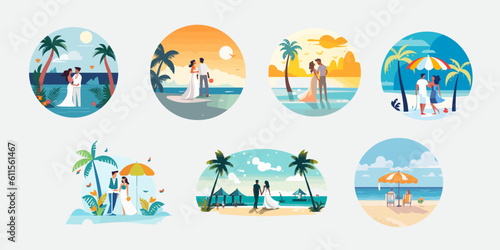 wedding couple illustration, beach wedding, honey moon couple vector