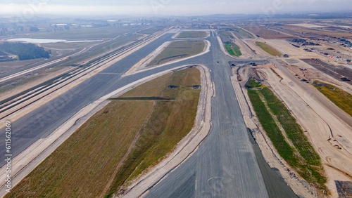 Aerial drone view of the runways at the construction site of the new Western Sydney International Airport at Badgerys Creek in Western Sydney, NSW, Australia in June 2023 