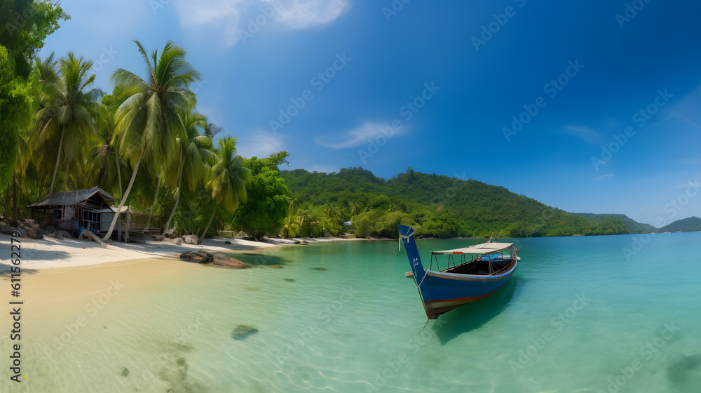 tropical paradise beach with boat near house on the white sand and coco palms travel tourism wide panorama background concept. Generative AI tropical paradise beach with boat near house on the white sand and coco palms travel tourism wide panorama background concept. Generative AI