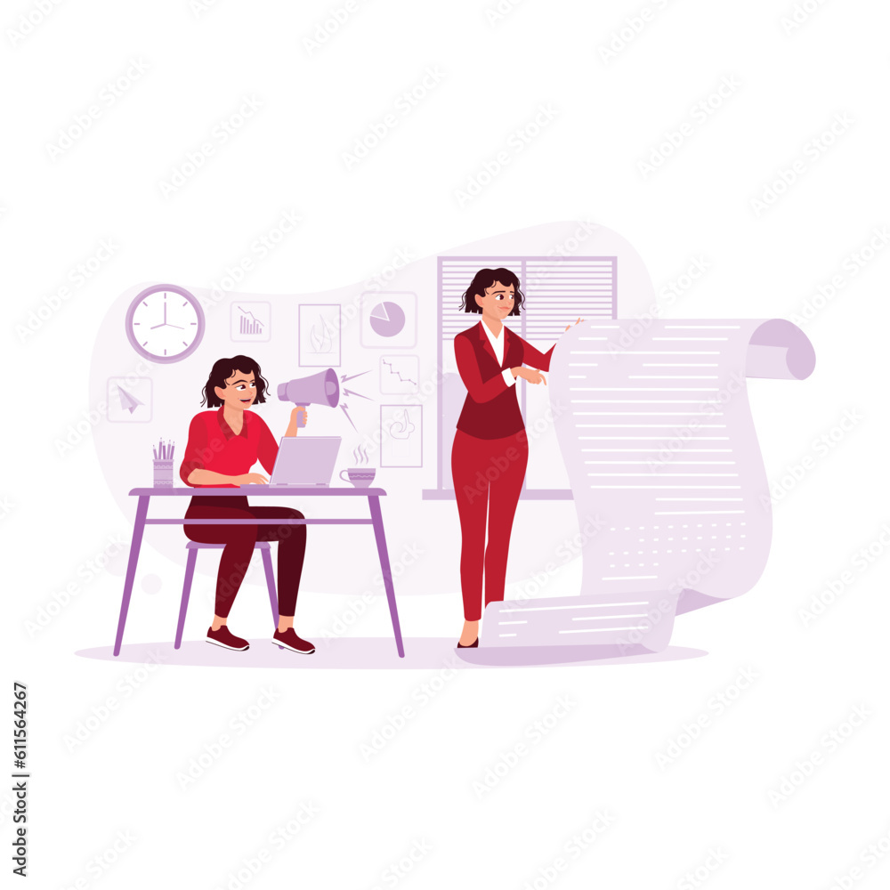 Two female workers in the office, one of them sits at a table with a laptop in front and shouts into a magazine. The other worker holds a paper and starts explaining. Trend Modern vector flat illustra Two female workers in the office, one of them sits at a table with a laptop in front and shouts into a magazine. The other worker holds a paper and starts explaining. Trend Modern vector flat illustra