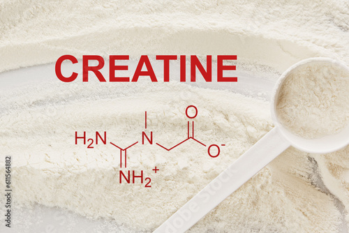 Scoop of creatine monohydrate supplement and chemical formula photo