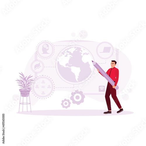 Man holding a big pencil in hand  doing online digital marketing through websites to all corners of the world. Trend Modern vector flat illustration.