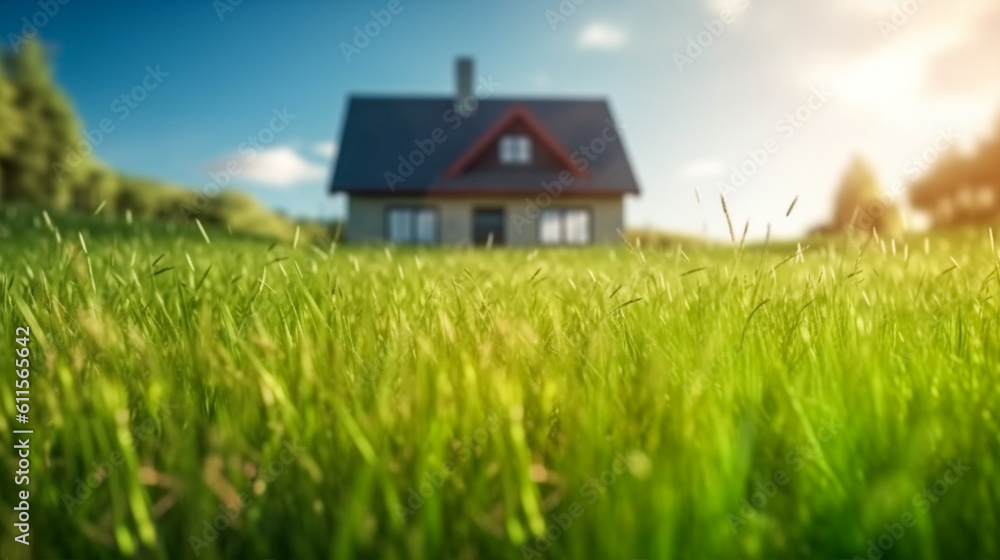 Land scape image of Extensive lawn and house, the sun on the horizon. Generative Ai Land scape image of Extensive lawn and house, the sun on the horizon. Generative Ai