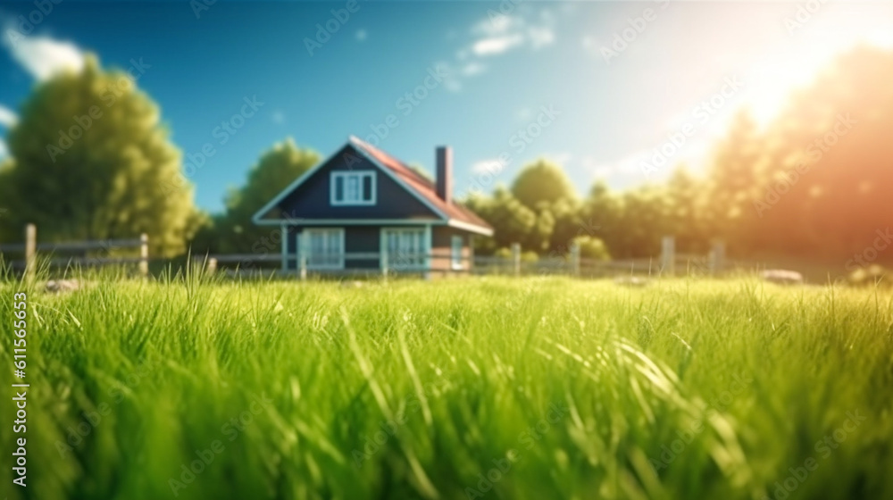 Land scape image of Extensive lawn and house, the sun on the horizon. Generative Ai Land scape image of Extensive lawn and house, the sun on the horizon. Generative Ai