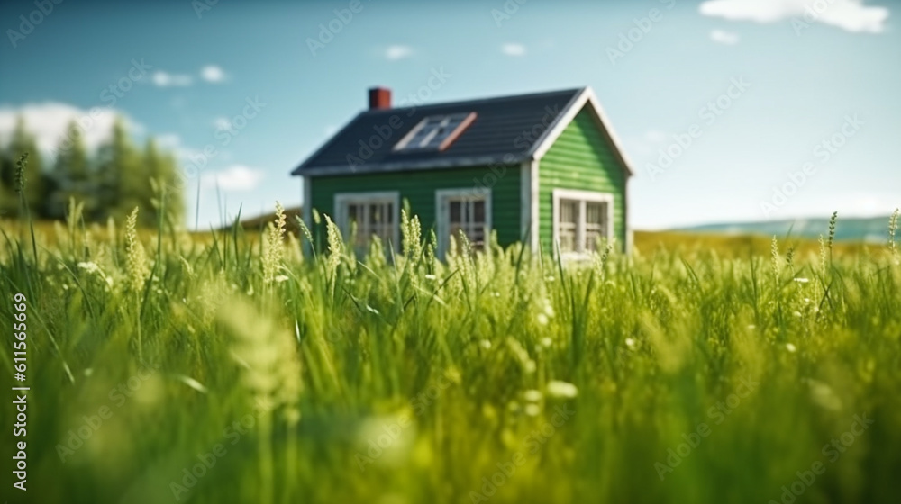 Land scape image of Extensive lawn and house, the sun on the horizon. Generative Ai Land scape image of Extensive lawn and house, the sun on the horizon. Generative Ai