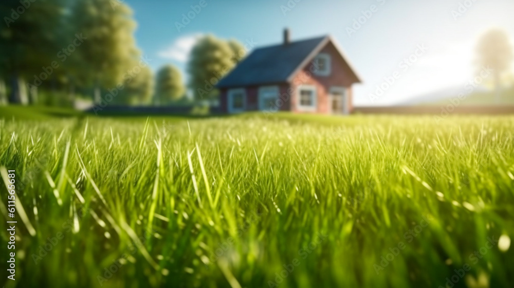 Land scape image of Extensive lawn and house, the sun on the horizon. Generative Ai
