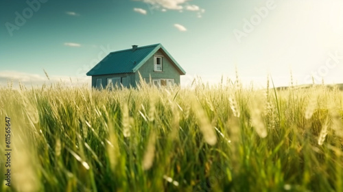 Land scape image of Extensive lawn and house, the sun on the horizon. Generative Ai