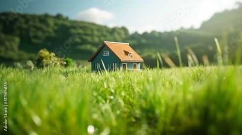 Land scape image of Extensive lawn and house, the sun on the horizon. Generative Ai