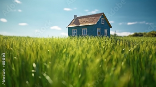 Land scape image of Extensive lawn and house, the sun on the horizon. Generative Ai