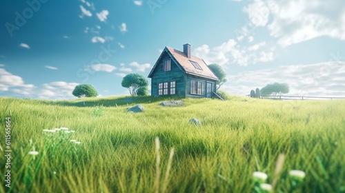 Land scape image of Extensive lawn and house, the sun on the horizon. Generative Ai