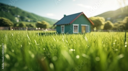 Land scape image of Extensive lawn and house, the sun on the horizon. Generative Ai