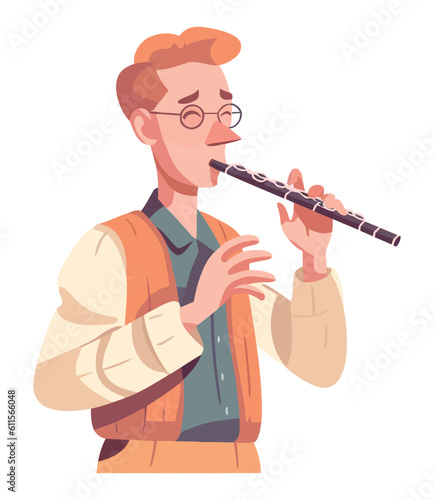 One person blowing wind instrument, isolated portrait