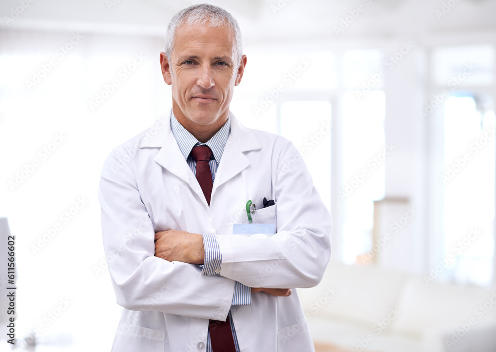 Senior man, doctor and portrait with arms crossed for health, wellness and helping in hospital. Mature healthcare expert, medic and professional with medical knowledge, experience and work in clinic Senior man, doctor and portrait with arms crossed for health, wellness and helping in hospital. Mature healthcare expert, medic and professional with medical knowledge, experience and work in clinic