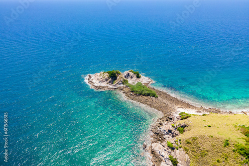 photo from drone angle Blue-green water, Thai sea, beautiful, clear, white sand beach, mountains, trees, beautiful nature, Koh Larn, Koh Lin, Chonburi, the east coast of Thailand. © Theerawat