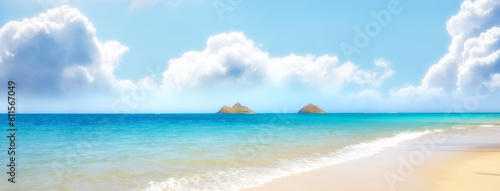 Water, beach and ocean landscape with clouds in the sky or travel to a tropical paradise, dream vacation or island holiday, Hawaii, summer wallpaper and relax in nature, sun and blue sea waves © SteenoWac/peopleimages.com