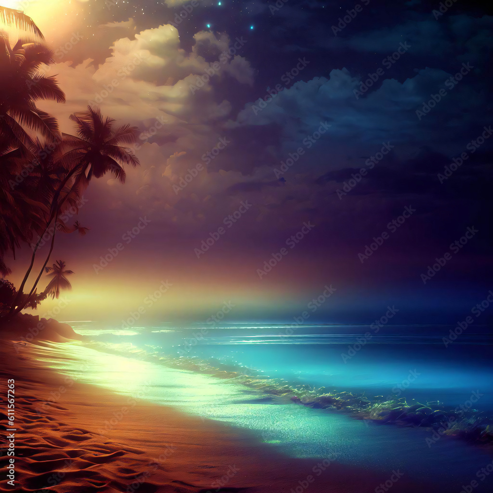 Colorful tropical beach summer night, palm trees, calm surf and distant clouds
