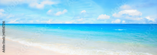 Sea, blue sky and landscape with beach and travel, white sand and summer vacation outdoor in Hawaii. Environment, horizon and seaside location with tropical destination and journey on island