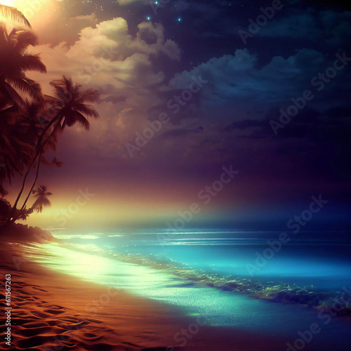 Colorful tropical beach summer night, palm trees, calm surf and distant clouds