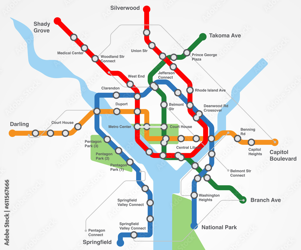 Transport, train railway and map of metro for navigation, travel and underground infrastructure in city. Chart, subway transportation and diagram for urban journey, route or itinerary for location