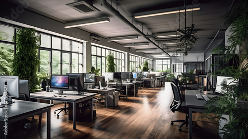 A high-tech office workspace with advanced technology and artificial intelligence integration, captured with a DSLR camera using a wide-angle lens 