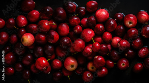 Fresh ripe cranberries with water drops background. Berries backdrop. Generative AI