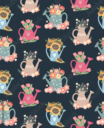Vector summer pattern with watering cans and bouquets of flowers on a dark background. Horticultural texture with floral arrangements