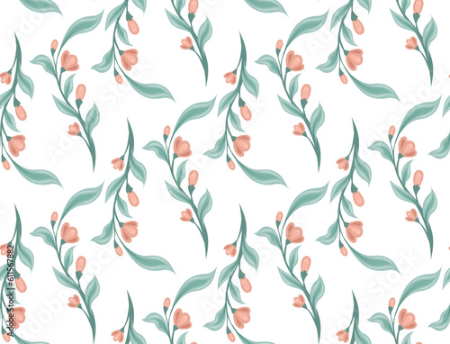 Rustic floral vector pattern. Seamless flat texture with simple hand drawn stems and flowers on a white background