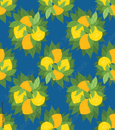 Vector seamless pattern with bunch of juice lemons with foliage on blue background. Texture with bush of hand drawn flat citrus fruits with leaves.