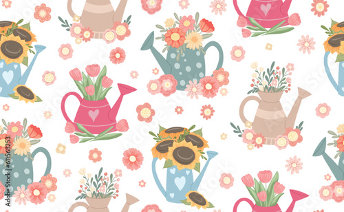 Vector seamless pattern with watering cans with tulips and sunflowers on ditsy white background. Summer romantic texture