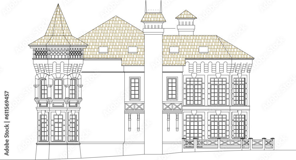 Vector illustration sketch of a vintage classic colonial old palace manor castle with towers and large balconies