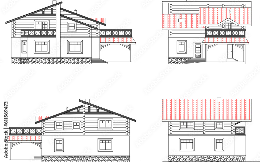 Vector illustration sketch of simple villa building in peaceful village made of big wood