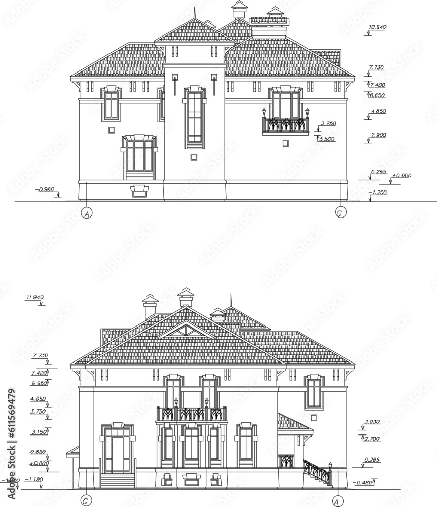 Vector sketch illustration of a classic vintage colonial old house with wide roof with lots of wide windows and balconies with size scale