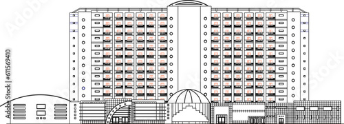 Sketch vector illustration of a 5 star hotel building in a big city