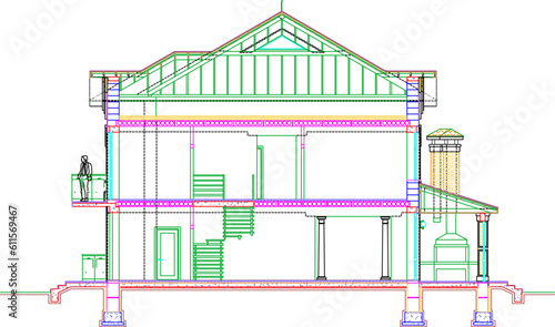 Vector illustration sketch of a classic vintage haunted old house section with wide roof and made of bricks