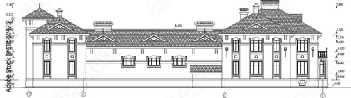 Vector sketch illustration of a classic vintage colonial old house with wide roof with lots of wide windows and balconies with size scale