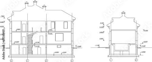 Vector sketch illustration of a section of a classic vintage colonial old house with wide roof with many wide windows and balcony with size scale