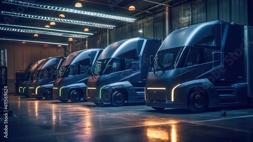 Electric trucks parked at the loading dock. Generative AI © piai