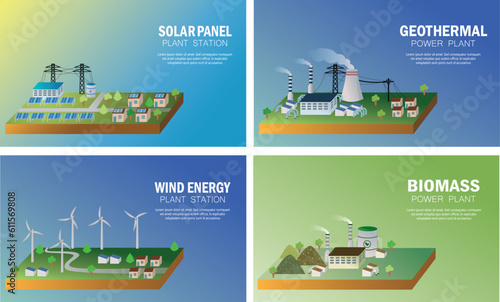 set of renewable energy power plant banner concept, Alternative energy and power plants vector illustration, green electric energy generation stations, geothermal, biomass, solar panel, wind turbine