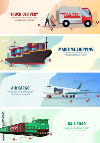 world transport concept for banner and website, horizontal banners of delivery or logistics services, air freight, rail cargo, maritime shipping, truck load delivery from warehouse