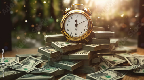 Money coins with retro alarm clock and tree, Return on investment, deposit, growth of income, retirement and savings. Time is money concept, Generative AI