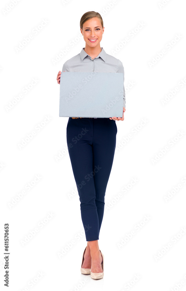 Business woman, portrait and billboard for advertising or marketing against a white studio background. Isolated happy female person holding sign or poster with smile for advertisement on mockup space Business woman, portrait and billboard for advertising or marketing against a white studio background. Isolated happy female person holding sign or poster with smile for advertisement on mockup space