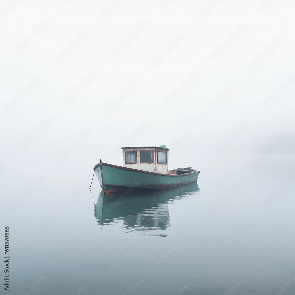 霧がかった湖に浮かぶボート　Generative AI