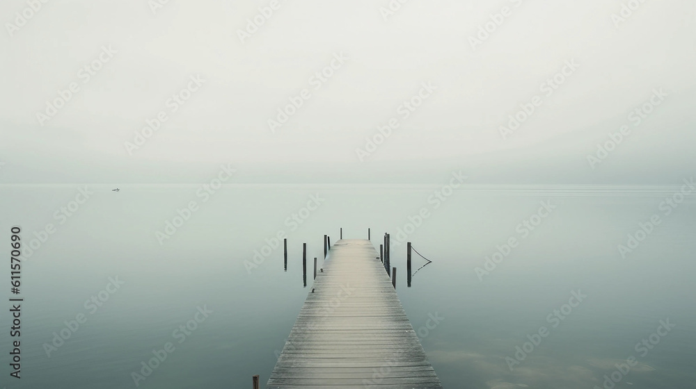 霧がかった湖の桟橋　Generative AI - obrazy, fototapety, plakaty 