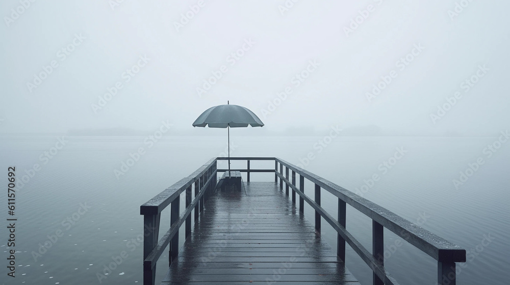 霧がかった湖の桟橋と傘　Generative AI - obrazy, fototapety, plakaty 
