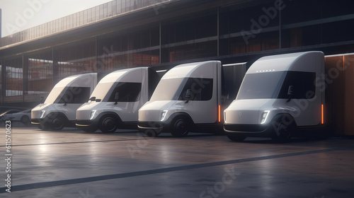 Electric trucks parked at the loading dock. Generative AI