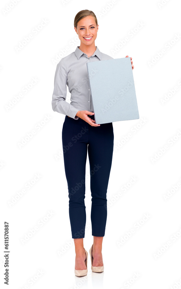 Business woman, portrait and billboard in marketing or advertising against a white studio background. Isolated happy female person holding sign or placard with smile for advertisement on mockup space Business woman, portrait and billboard in marketing or advertising against a white studio background. Isolated happy female person holding sign or placard with smile for advertisement on mockup space