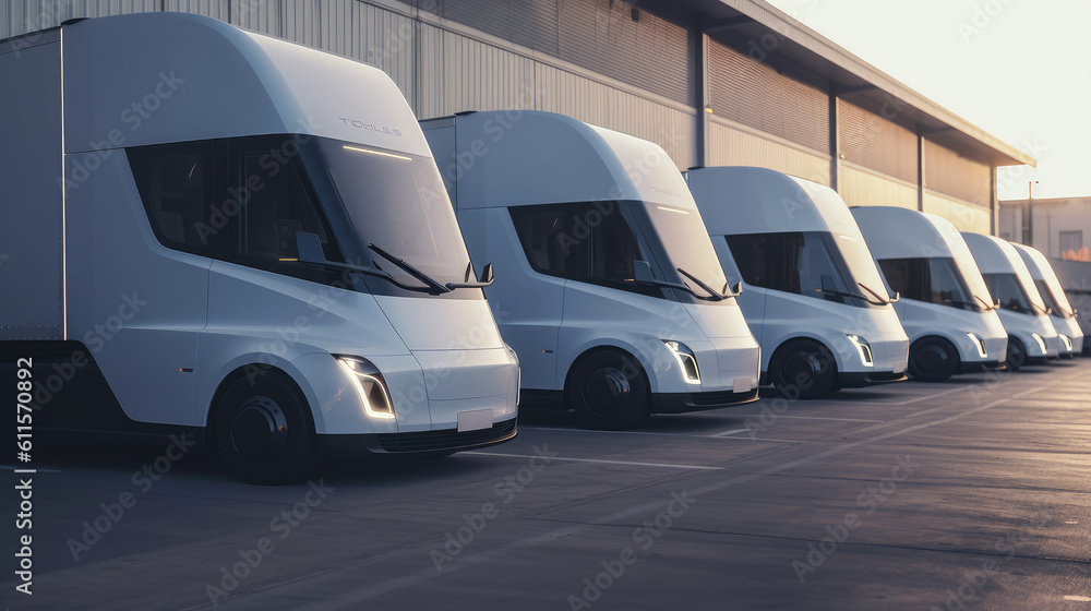 Electric trucks parked at the loading dock. Generative AI